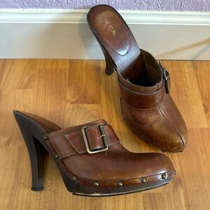 m.p.s brown leather wooden high heel clog mules